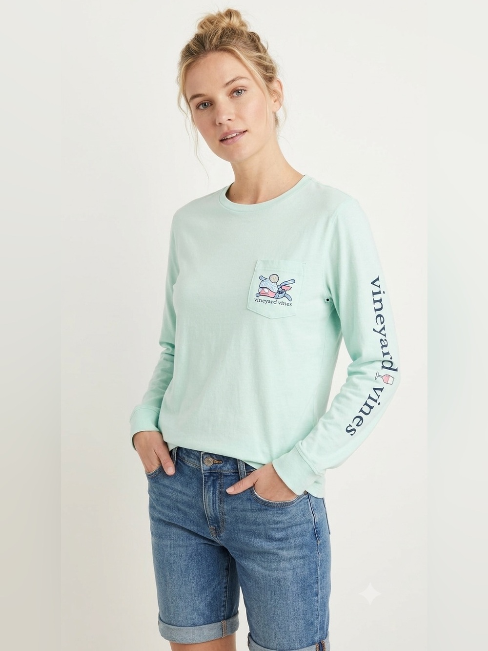 Vineyard Vines Long Sleeve Pocket Tee Mint Green Ski Whale Champagne Women's XS